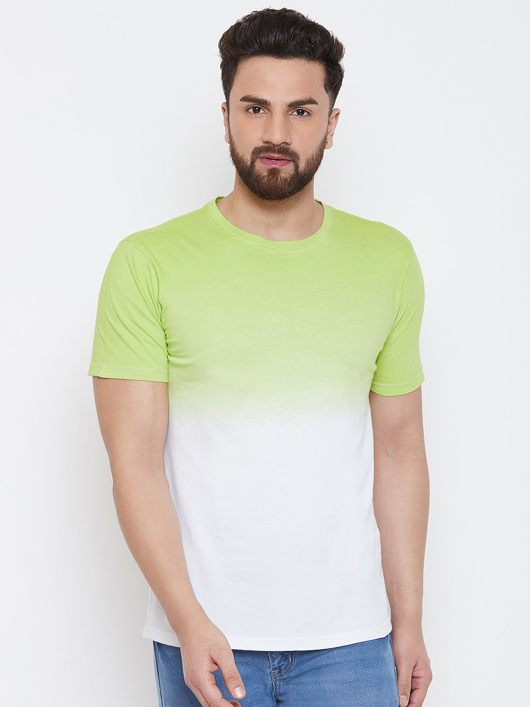 White/Green Half Sleeve Tie Dye Round Neck T-Shirt