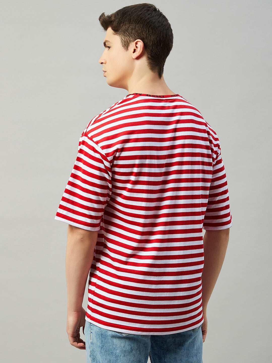 Red Oversized Striped Half Sleeve T-Shirt