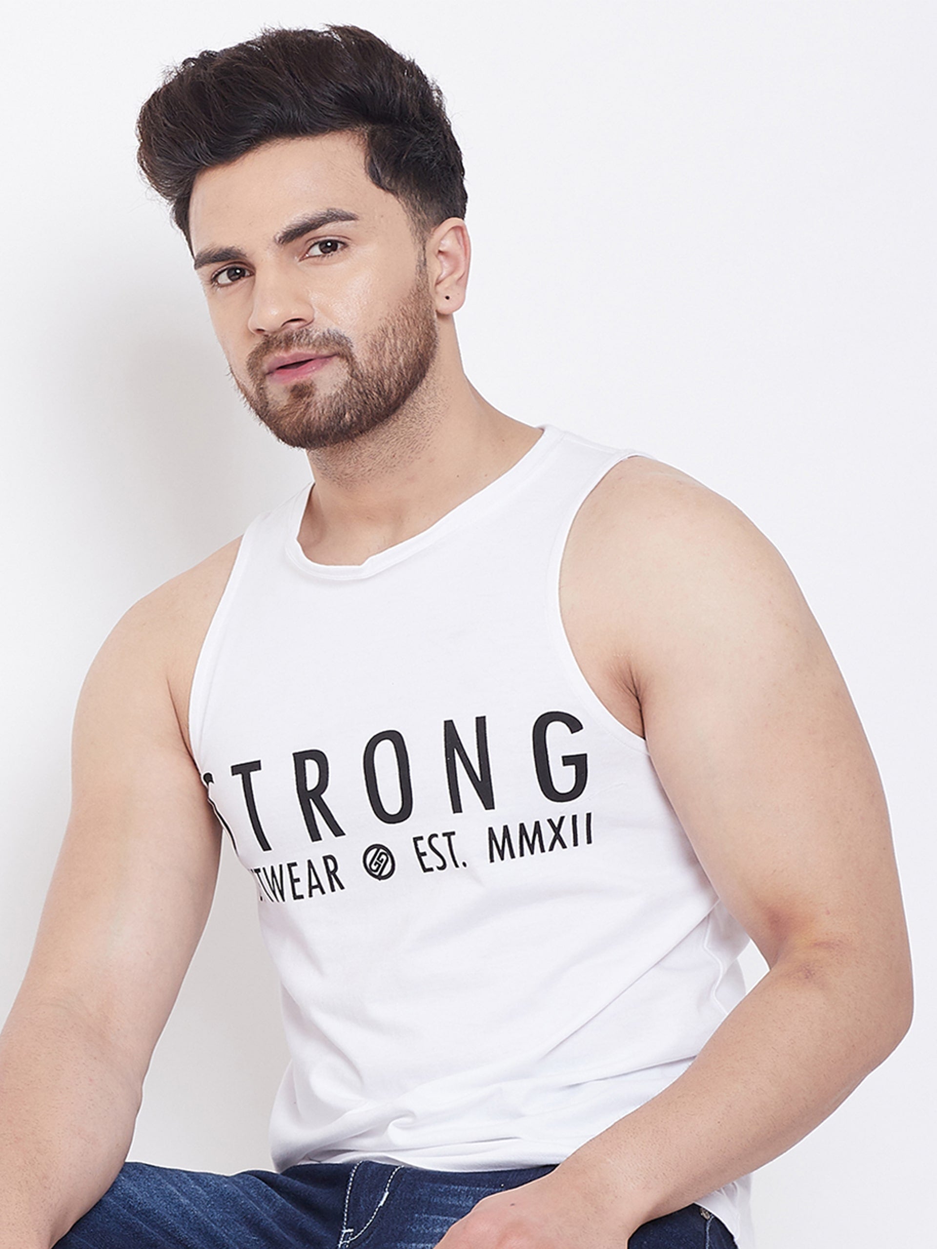 White Men's  Gym Sleeveless Printed Vest