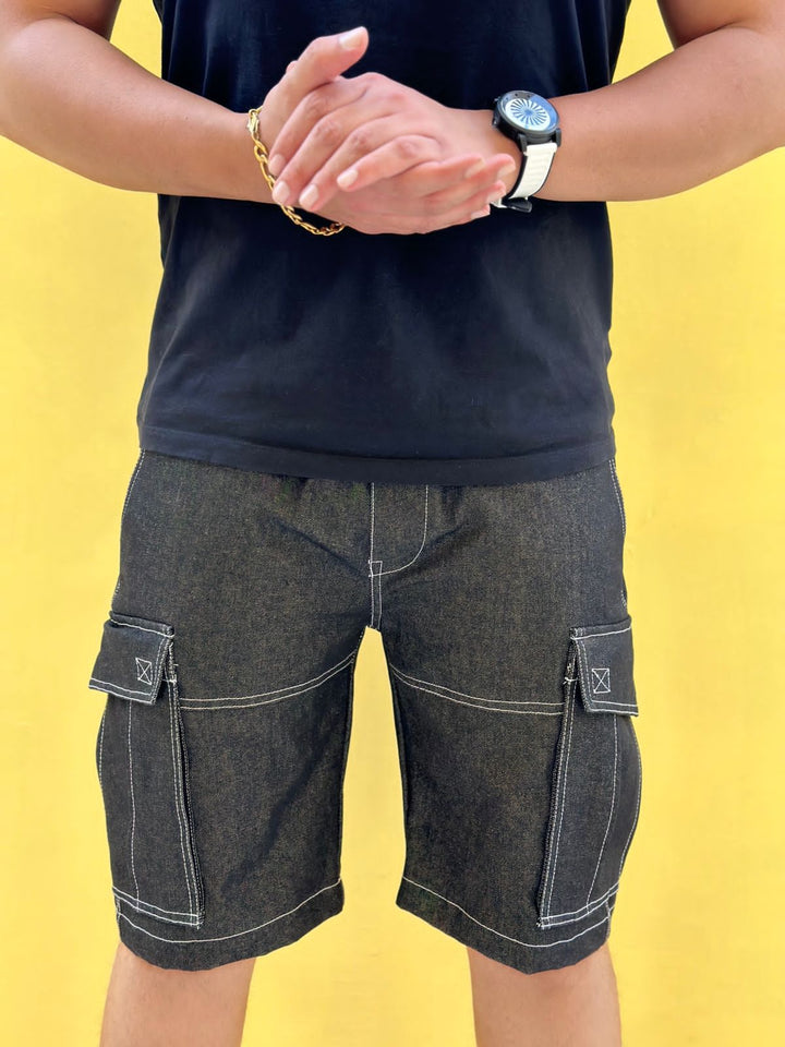 Black Denim Stitched Shorts