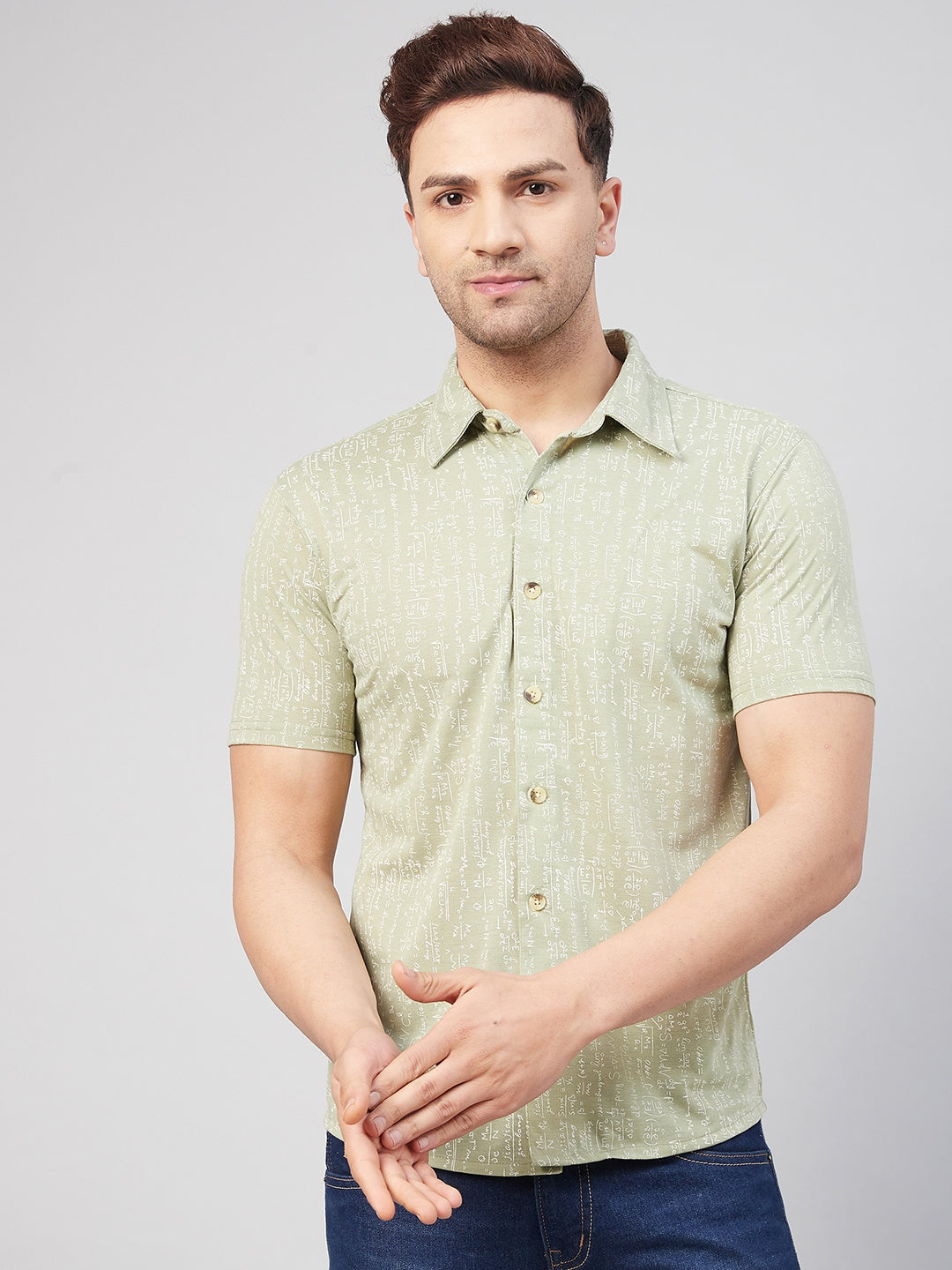 Green Melange Geometric Half Sleeve  Summer Shirt