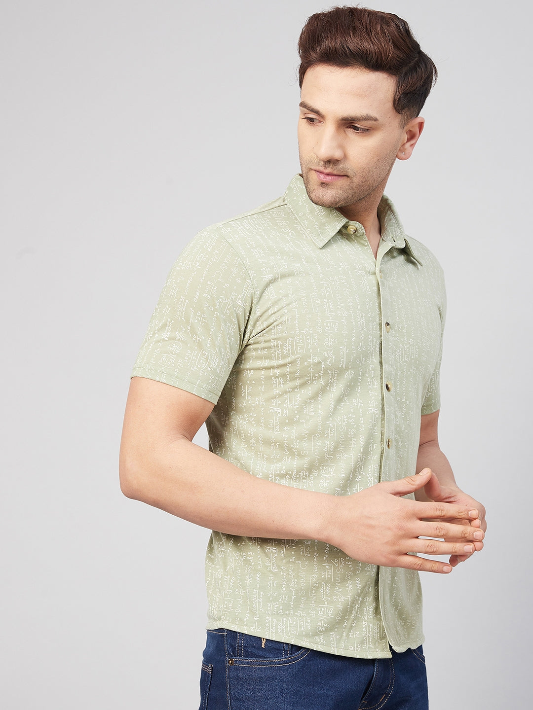 Green Melange Geometric Half Sleeve  Summer Shirt