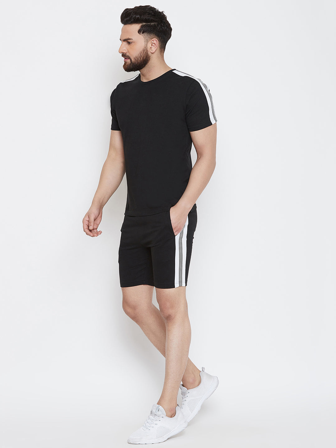 Black/White Half Sleeve Round Neck T-Shirt & Short Set