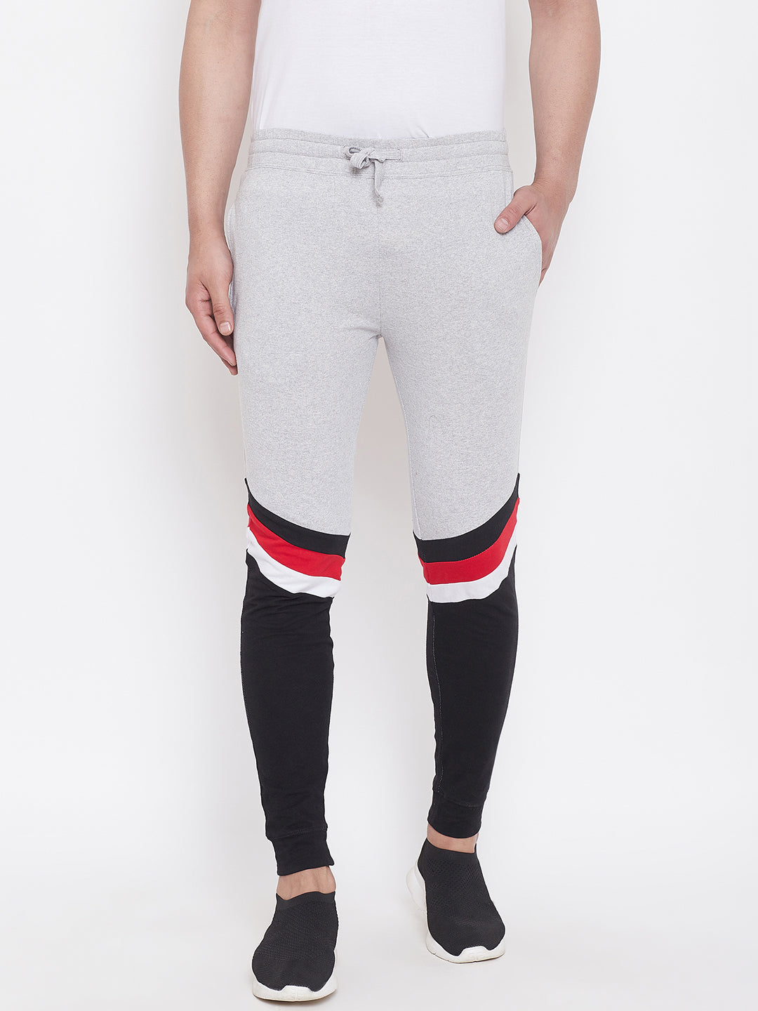 Grey Melange/Black/White/Red Mid - Rise Slim Fit Joggers With Color Block