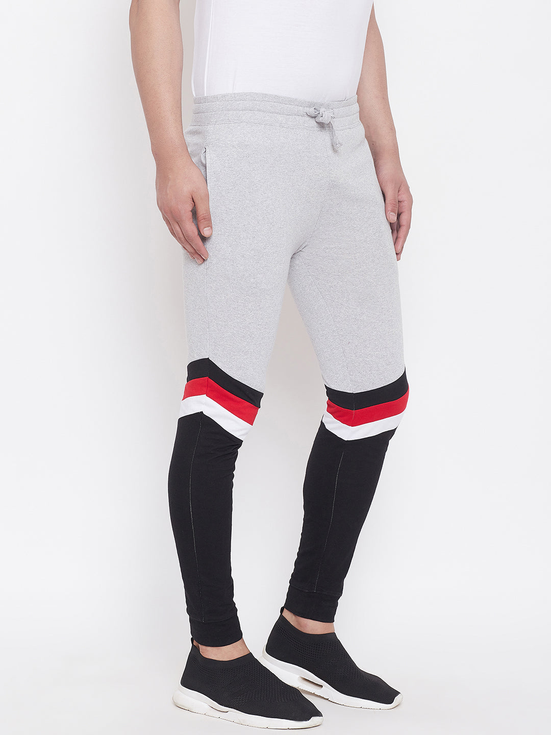 Grey Melange/Black/White/Red Mid - Rise Slim Fit Joggers With Color Block