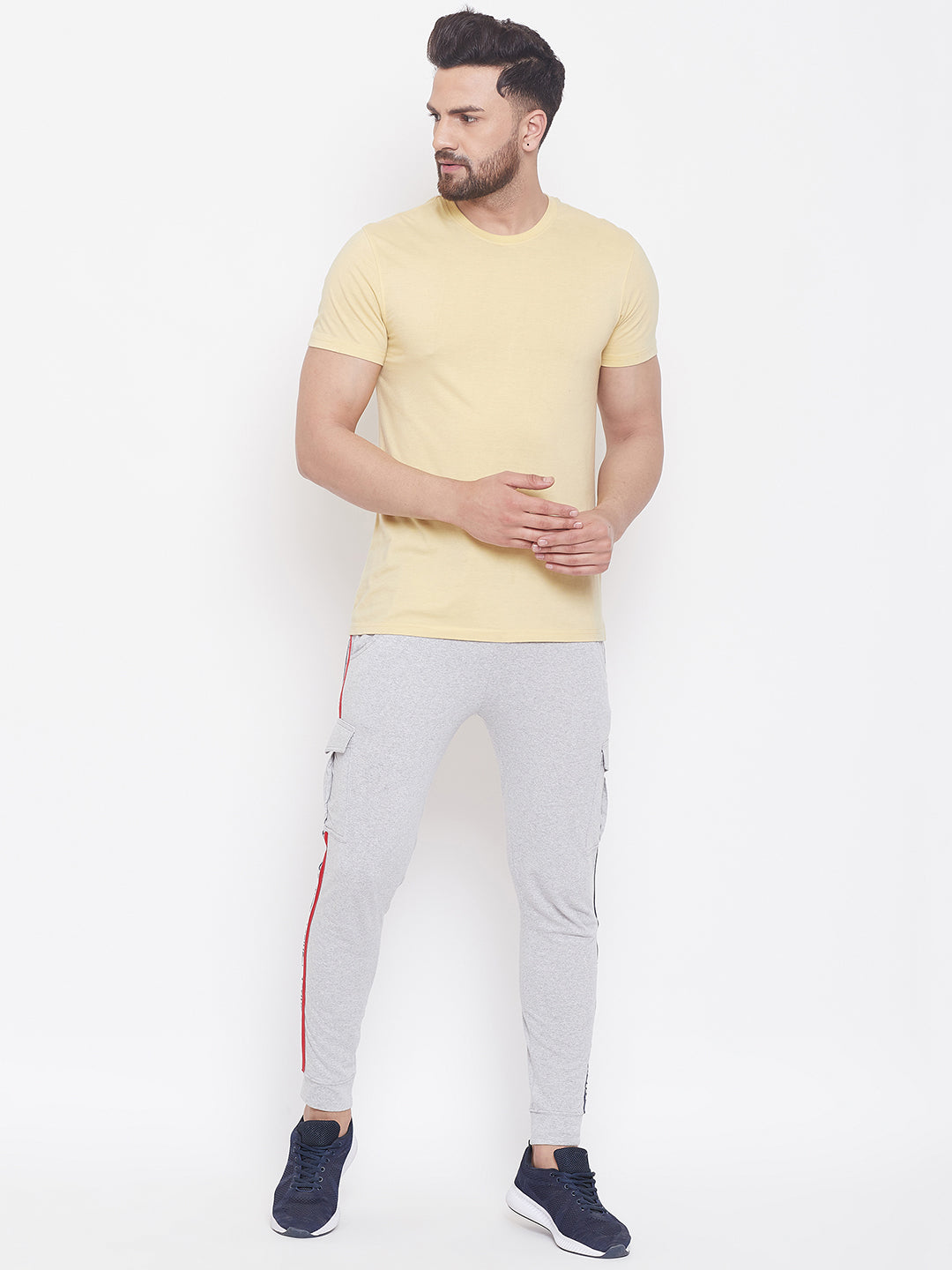 Grey Melange Mid - Rise Slim Fit Joggers With Contrast Taping