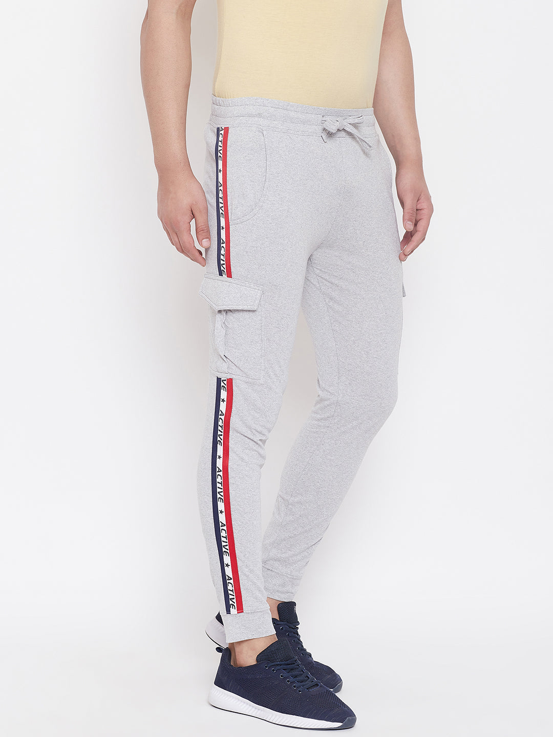 Grey Melange Mid - Rise Slim Fit Joggers With Contrast Taping