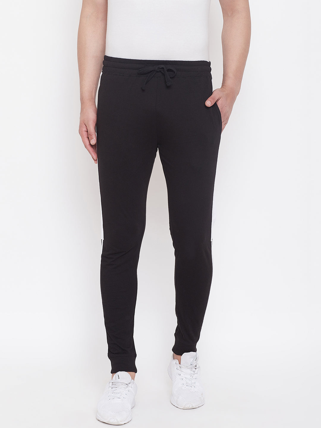 Black/White Mid - Rise Slim Fit Joggers With Color Block