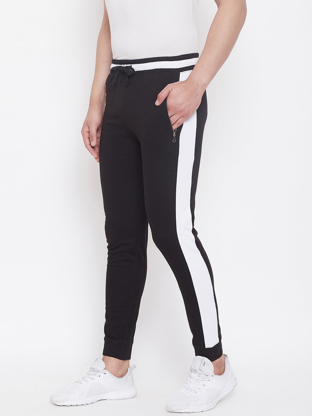 Black/White Slim Fit Mid - Rise Joggers With Zipped Pocket'S