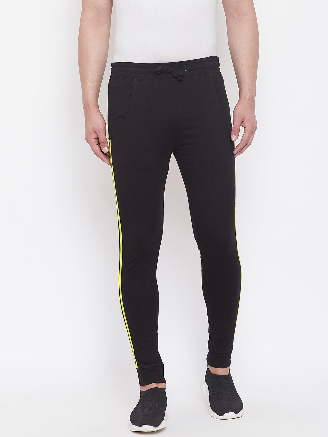 Black/Nion Green Mid - Rise Slim Fit Joggers With Contrast Taping