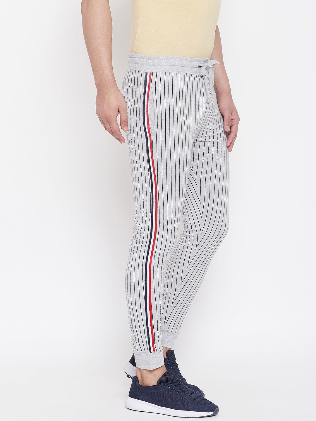 Grey Melange Slim Fit Striped Joggers With Contrast Taping
