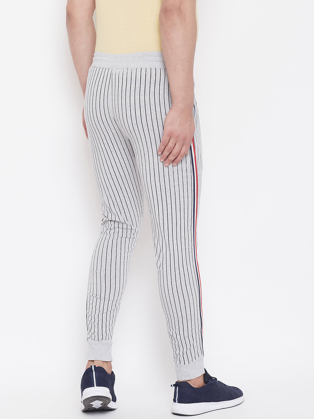 Grey Melange Slim Fit Striped Joggers With Contrast Taping