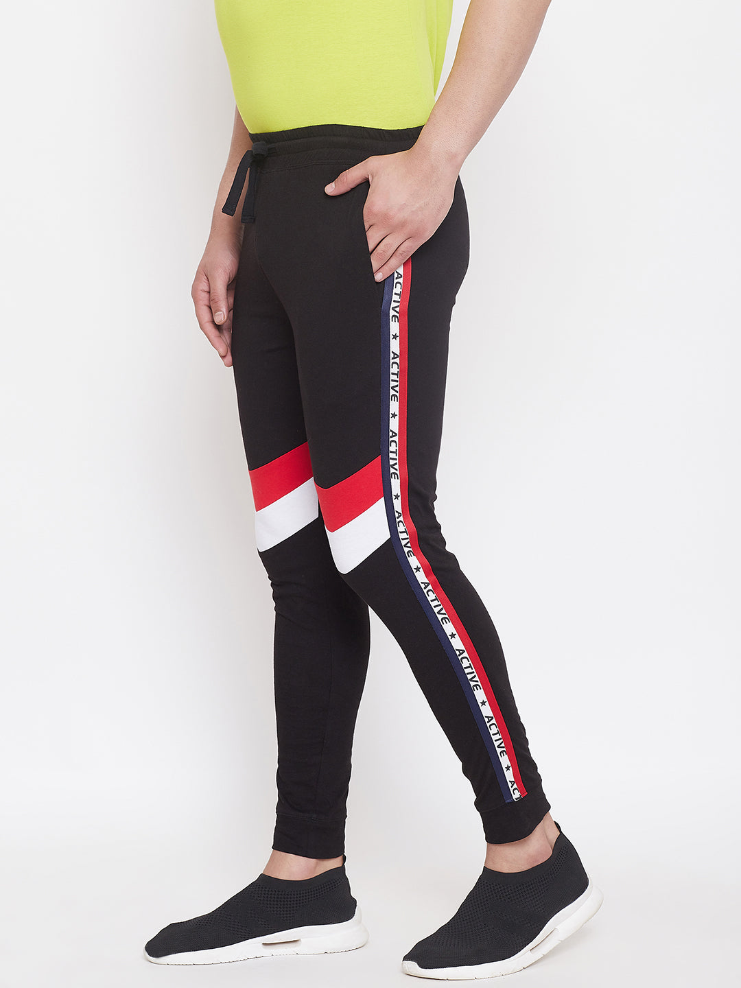 Black/Red/White Men'S Slim Fit Joggers With Color Block Side Taping