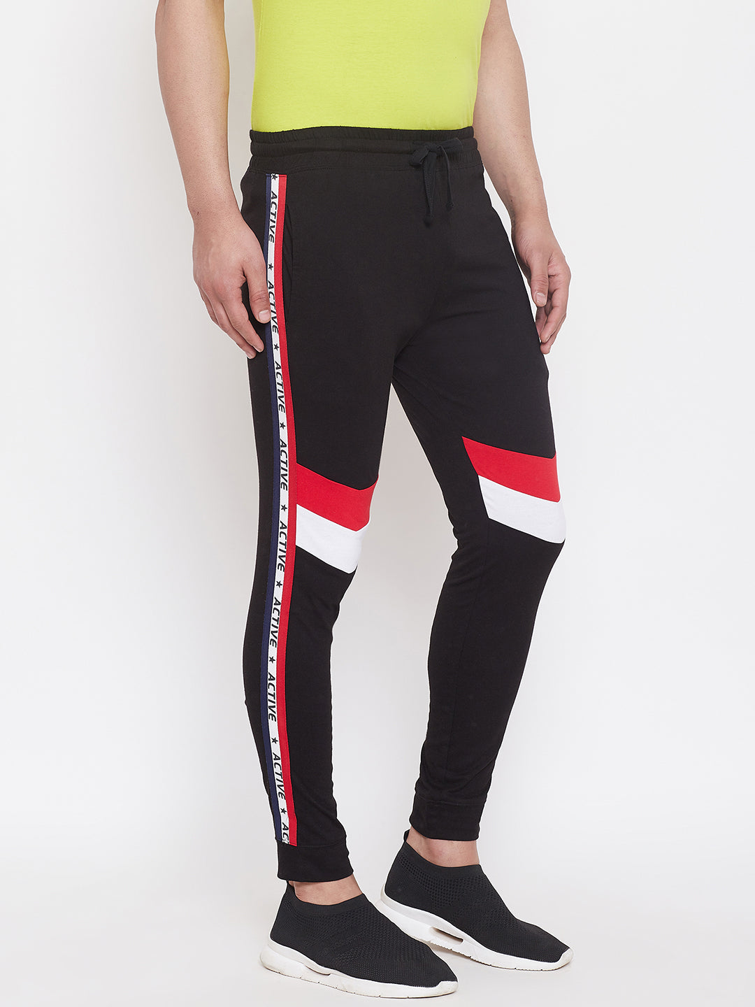 Black/Red/White Men'S Slim Fit Joggers With Color Block Side Taping