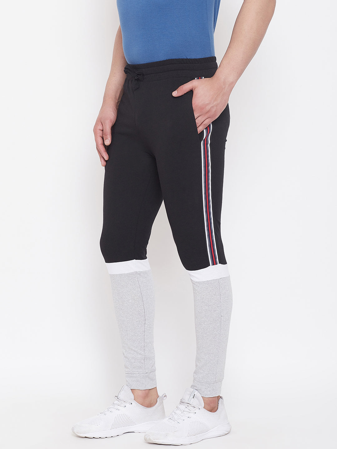 Black/Grey Melange/White Mid - Rise Slim Fit Joggers With Color Block