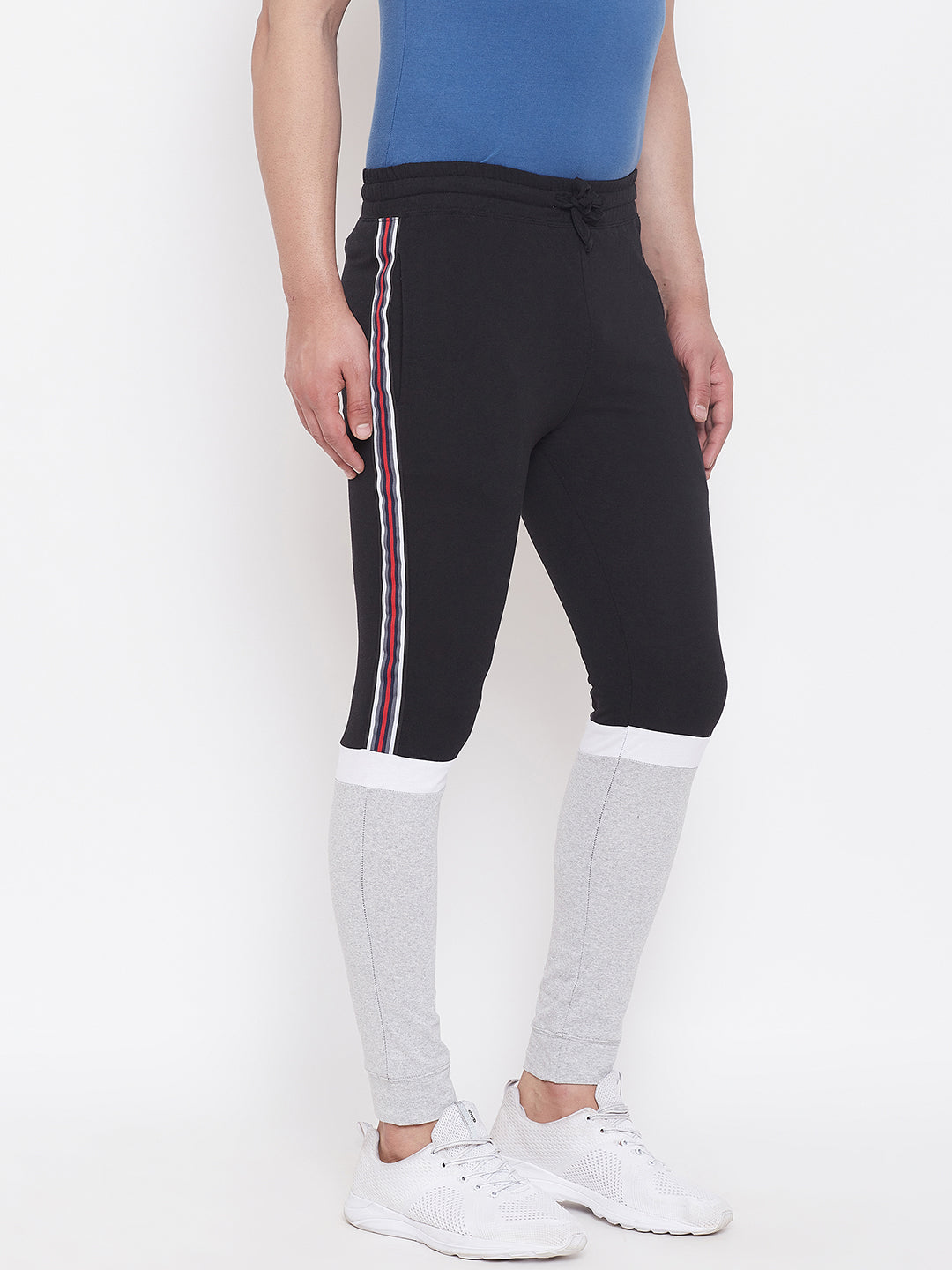 Black/Grey Melange/White Mid - Rise Slim Fit Joggers With Color Block