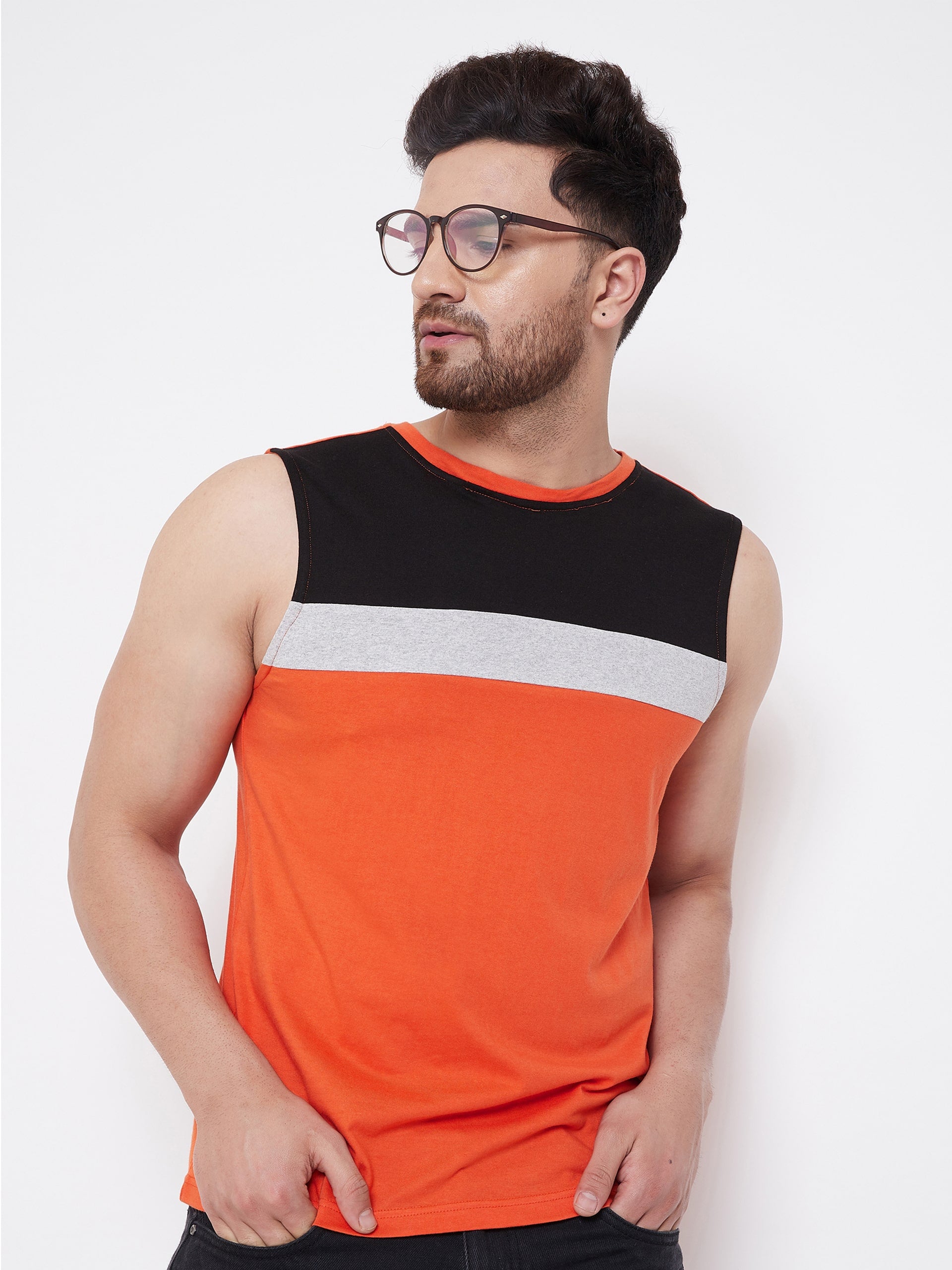 Black/White/Orange Men's  Color Block Sleeveless Vest