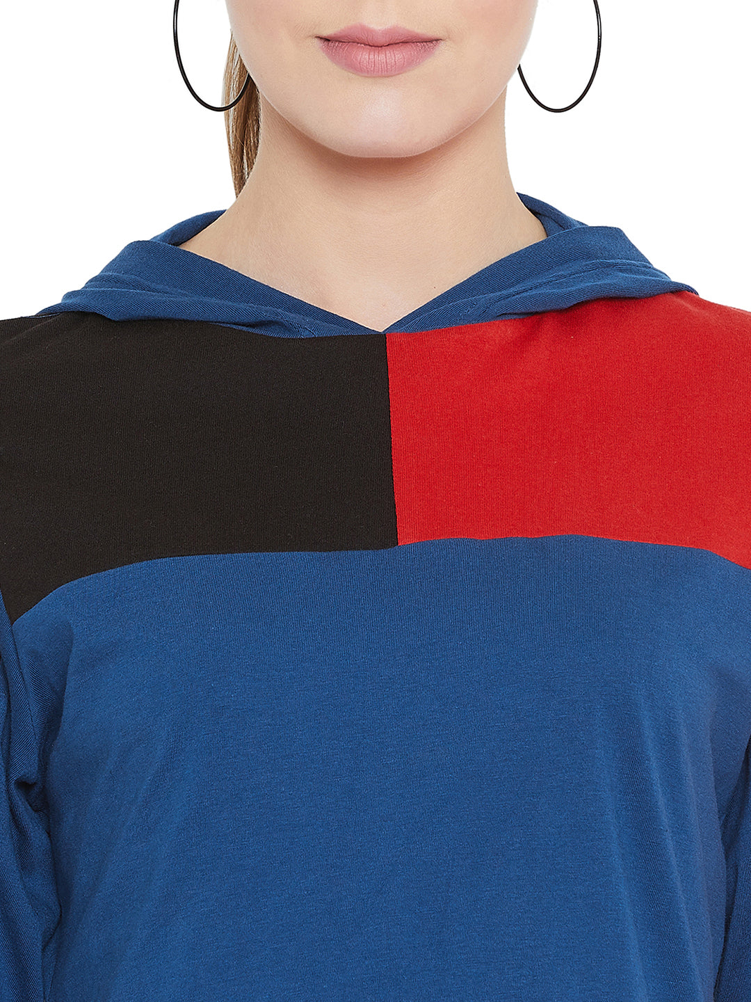 Black/Red Full Sleeves Color Block Hooded Top