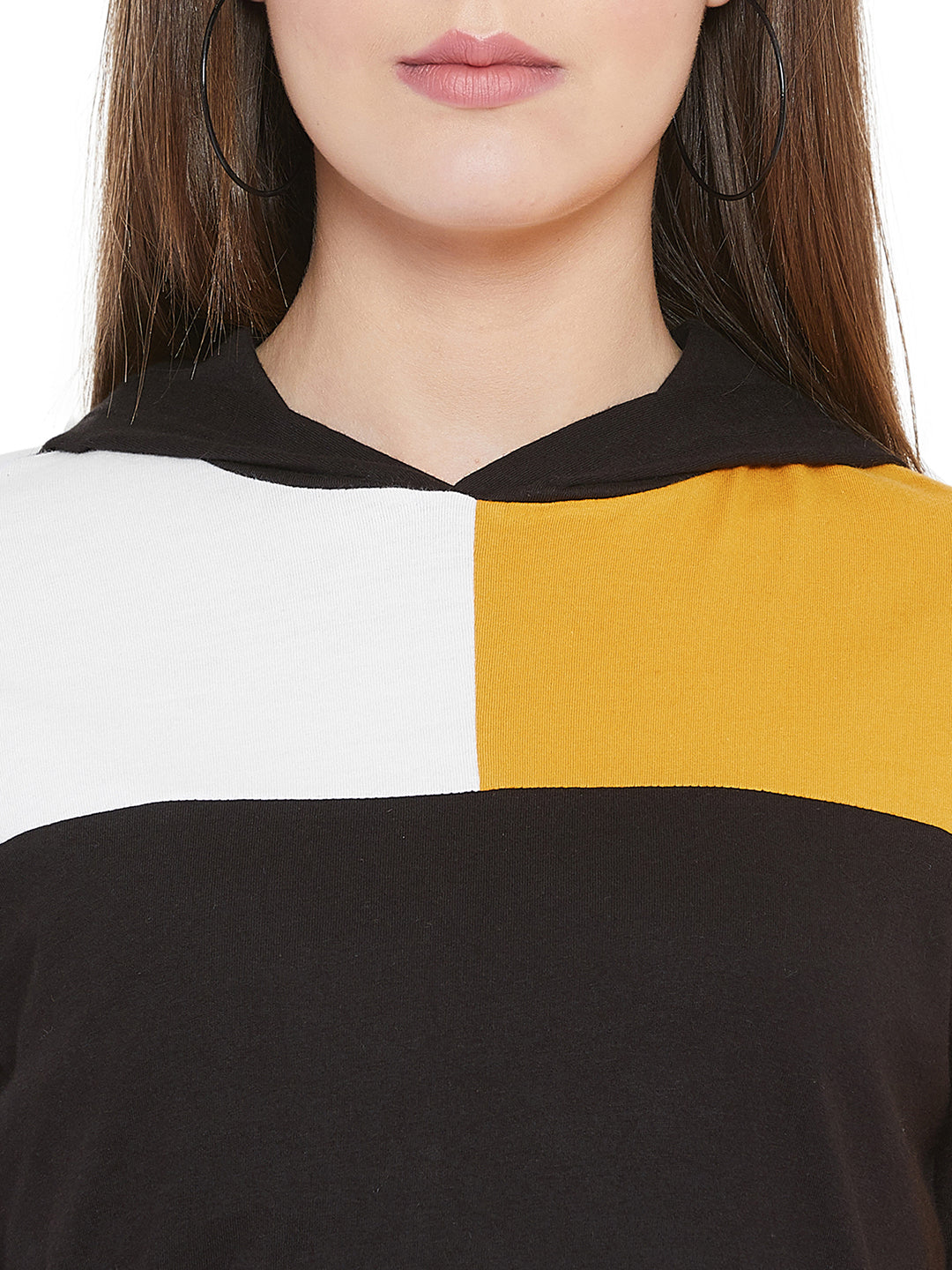 White/Yellow Full Sleeves Color Block Hooded Top