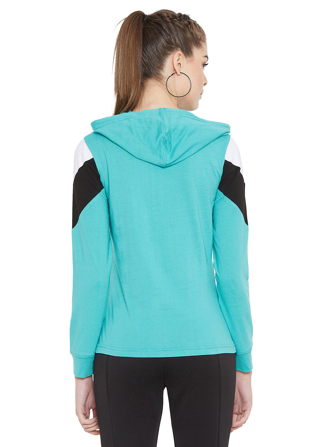 Persian Green/White/Black Full Sleeves Stylish Color Block Hooded Top
