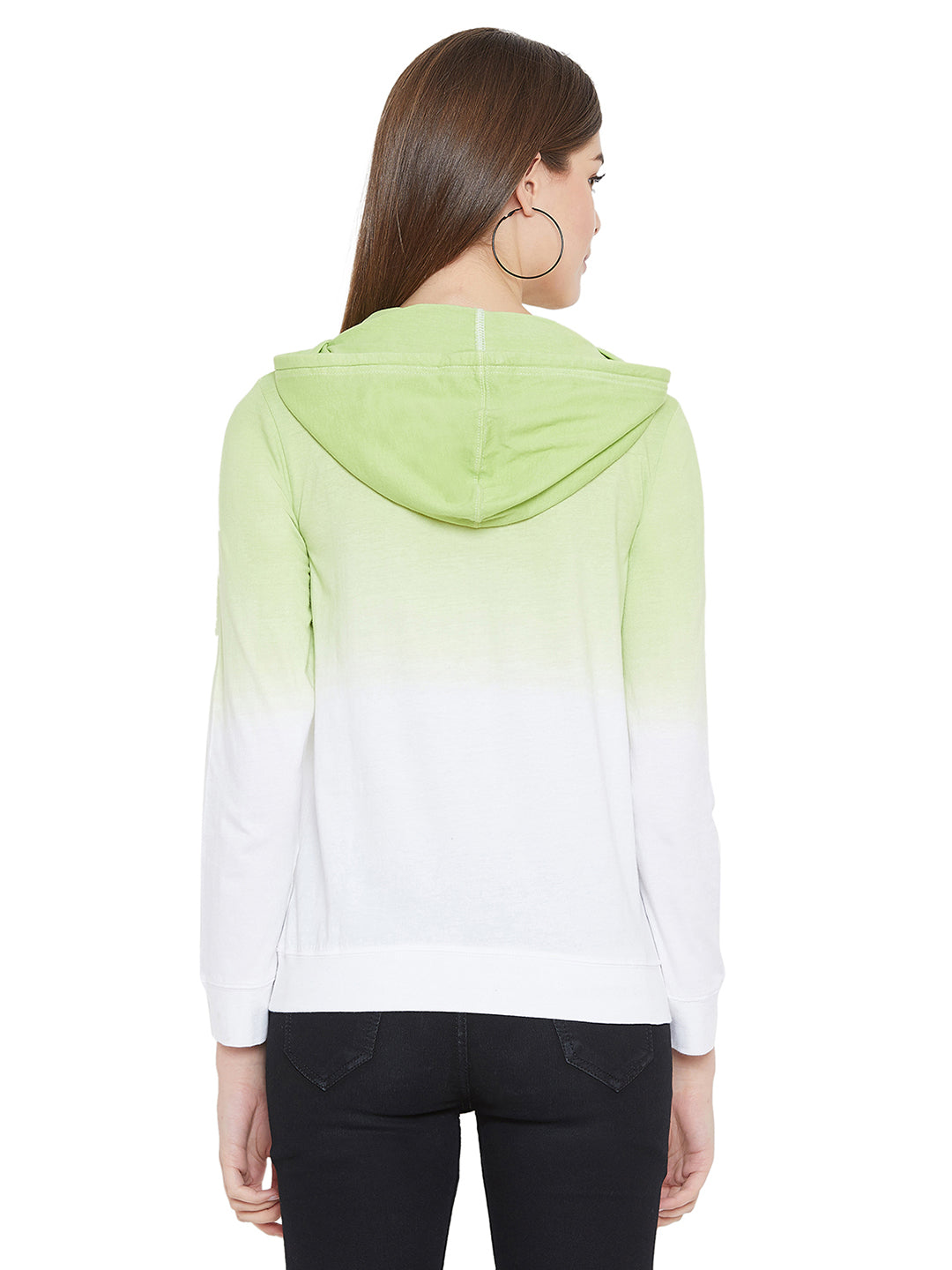 White/Green Full Sleeves Ombre Dyed Hooded T-Shirt