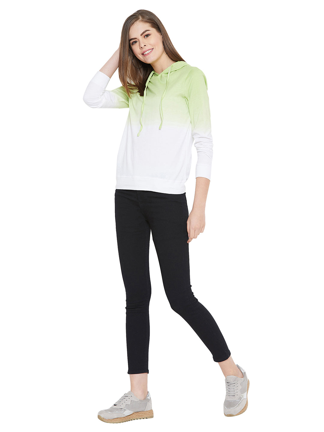 White/Green Full Sleeves Ombre Dyed Hooded T-Shirt