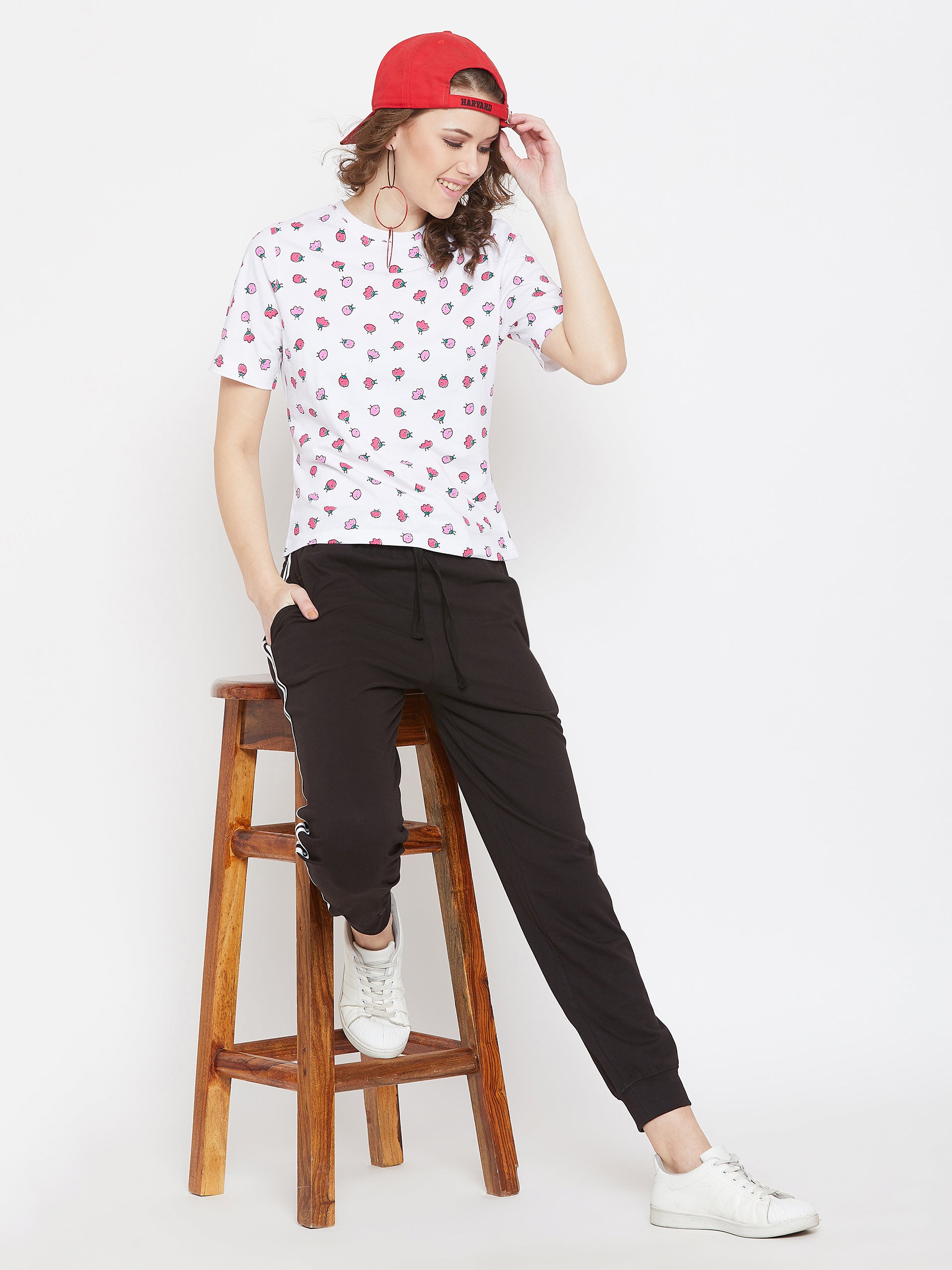 White Half Sleeve Round Neck Printed Top