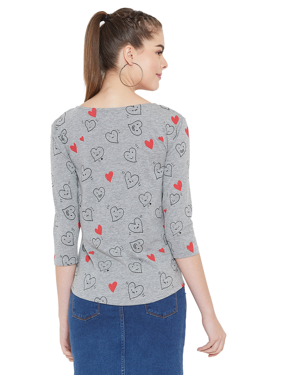 Grey Melange 3/4 Sleeves Heart Printed Boat Neck Top