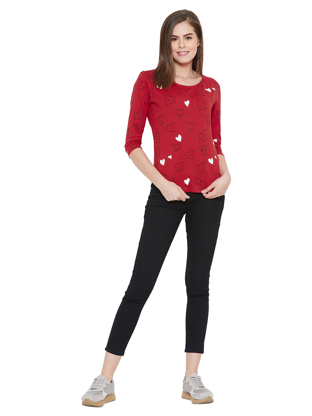 Red 3/4 Sleeves Heart Printed Boat Neck Top
