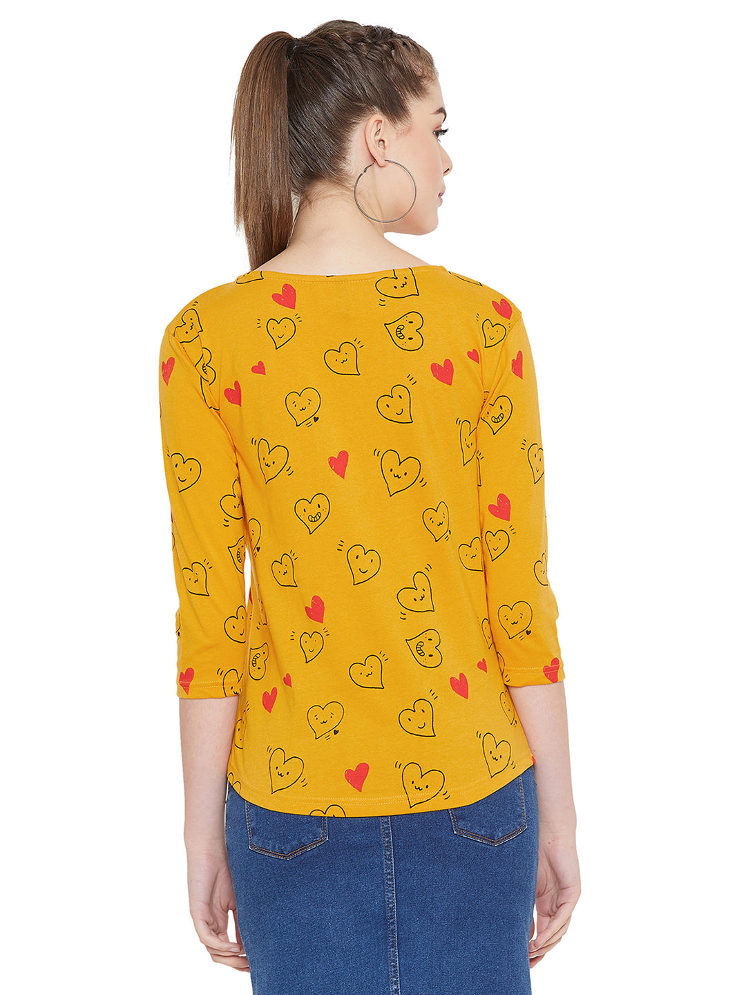 Yellow 3/4 Sleeves Heart Printed Boat Neck Top