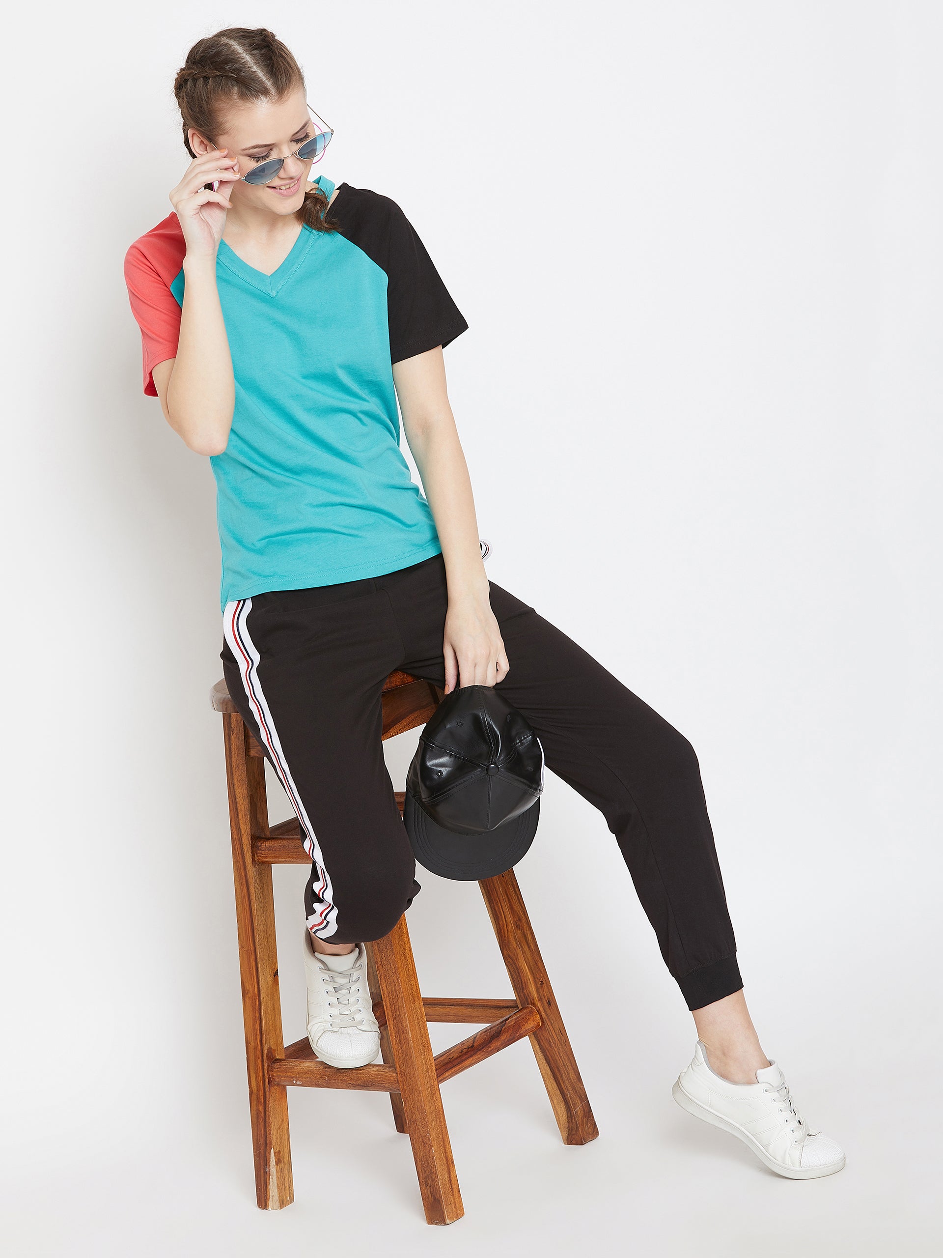 Persian Green/Black/Coral Half Sleeve V Neck Top
