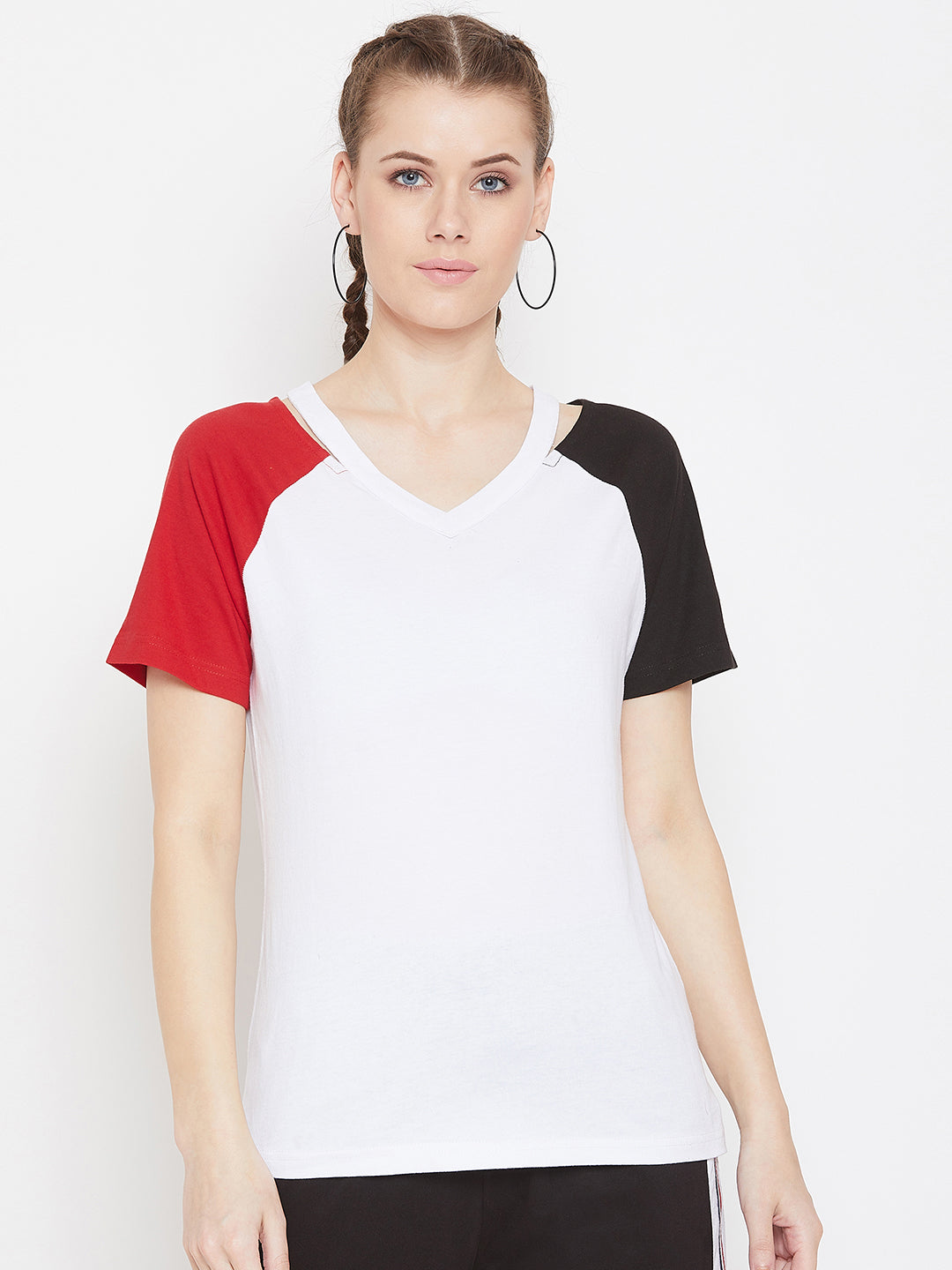 White/Black/Red Half Sleeve V Neck Top