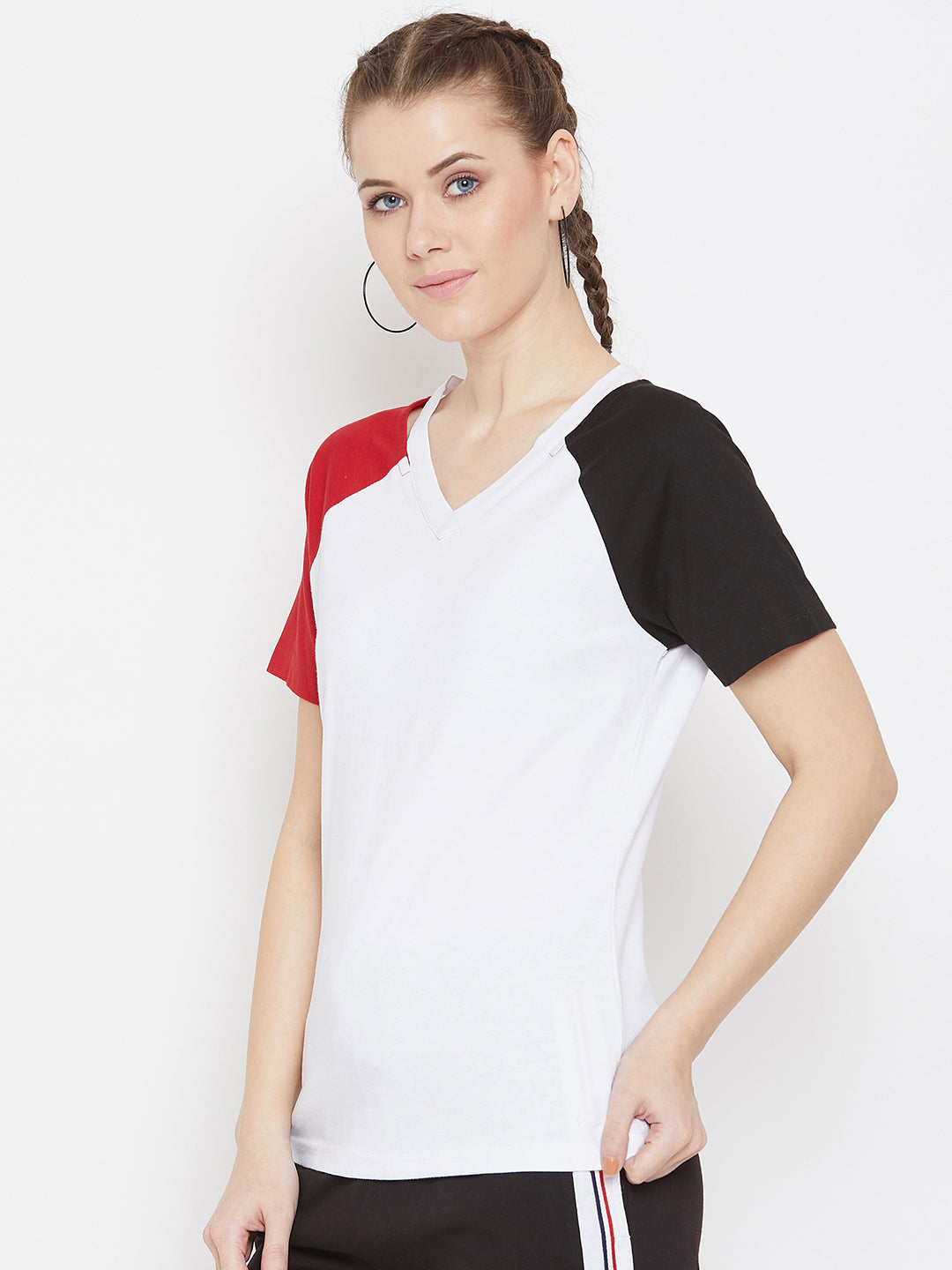 White/Black/Red Half Sleeve V Neck Top