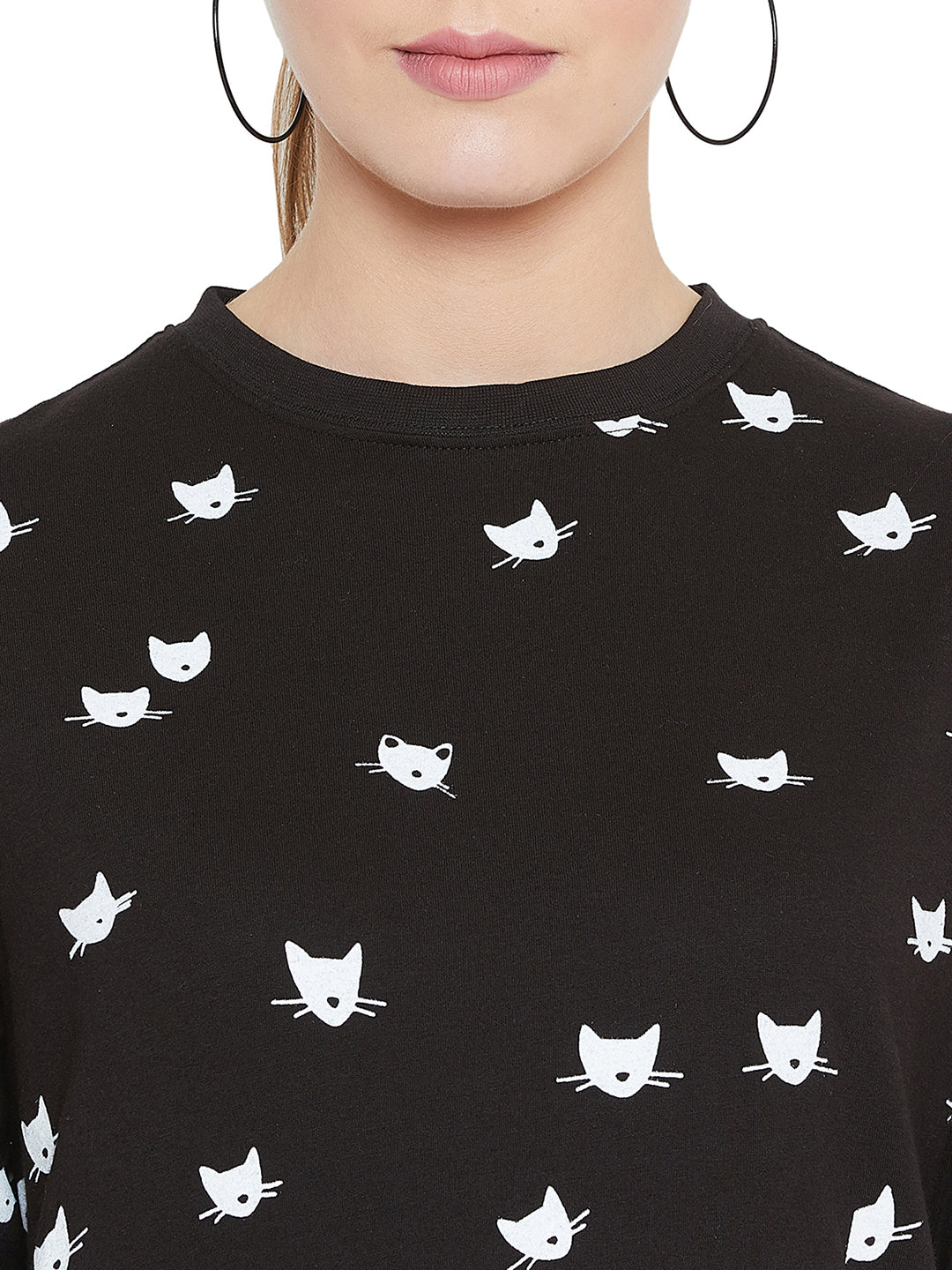 Black Full Sleeves Cat Printed Full Sleeves T-Shirt