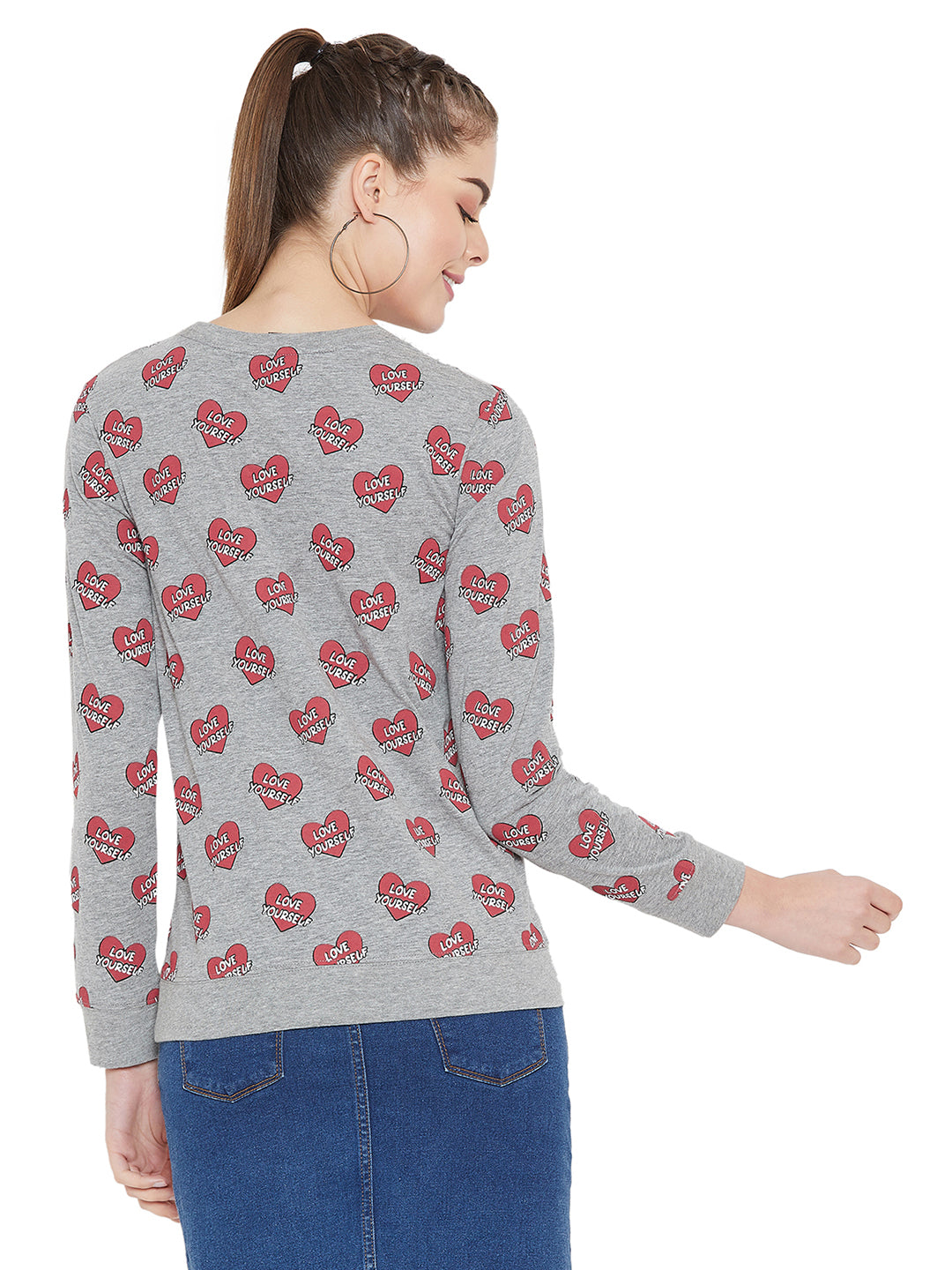 Grey Melange Full Sleeves Heart Printed Full Sleeves T-Shirt