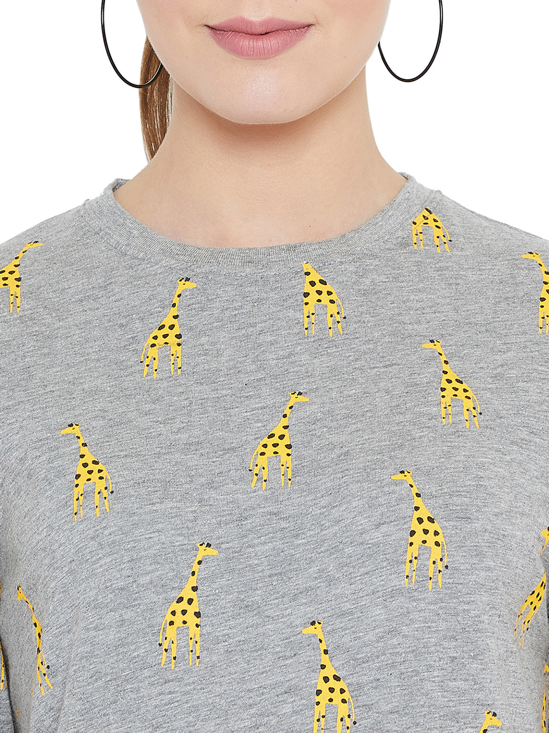 Grey Melange Full Sleeves Giraffe Printed Full Sleeves T-Shirt