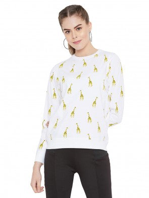 White Full Sleeves Giraffe Printed Full Sleeves T-Shirt
