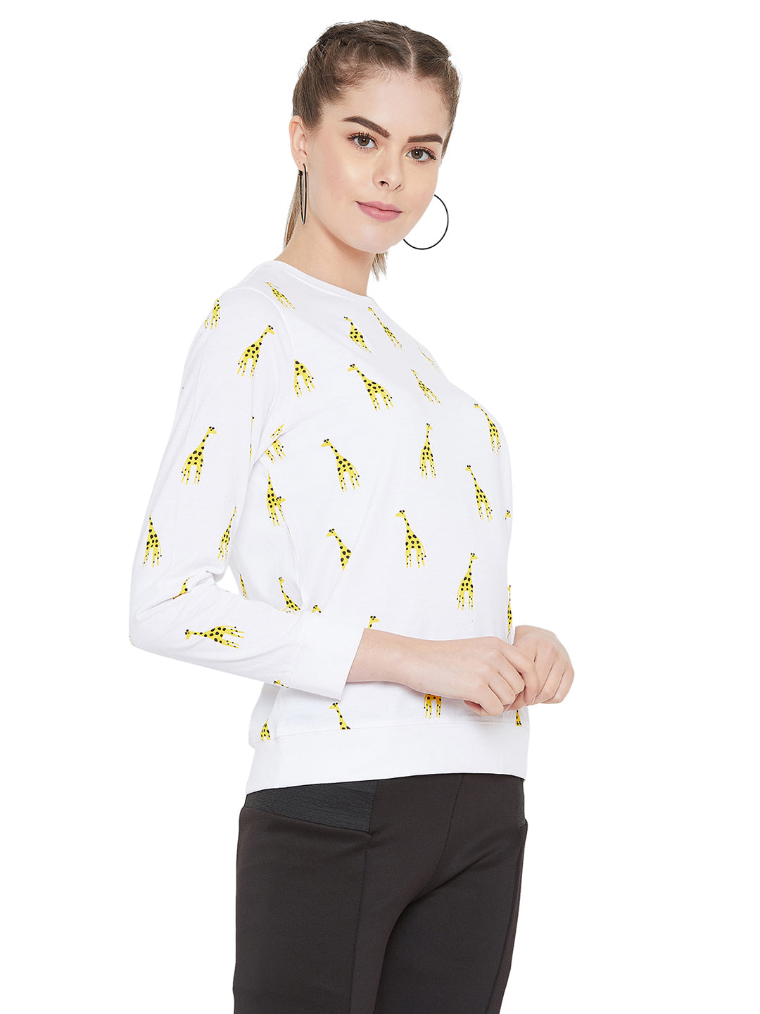 White Full Sleeves Giraffe Printed Full Sleeves T-Shirt