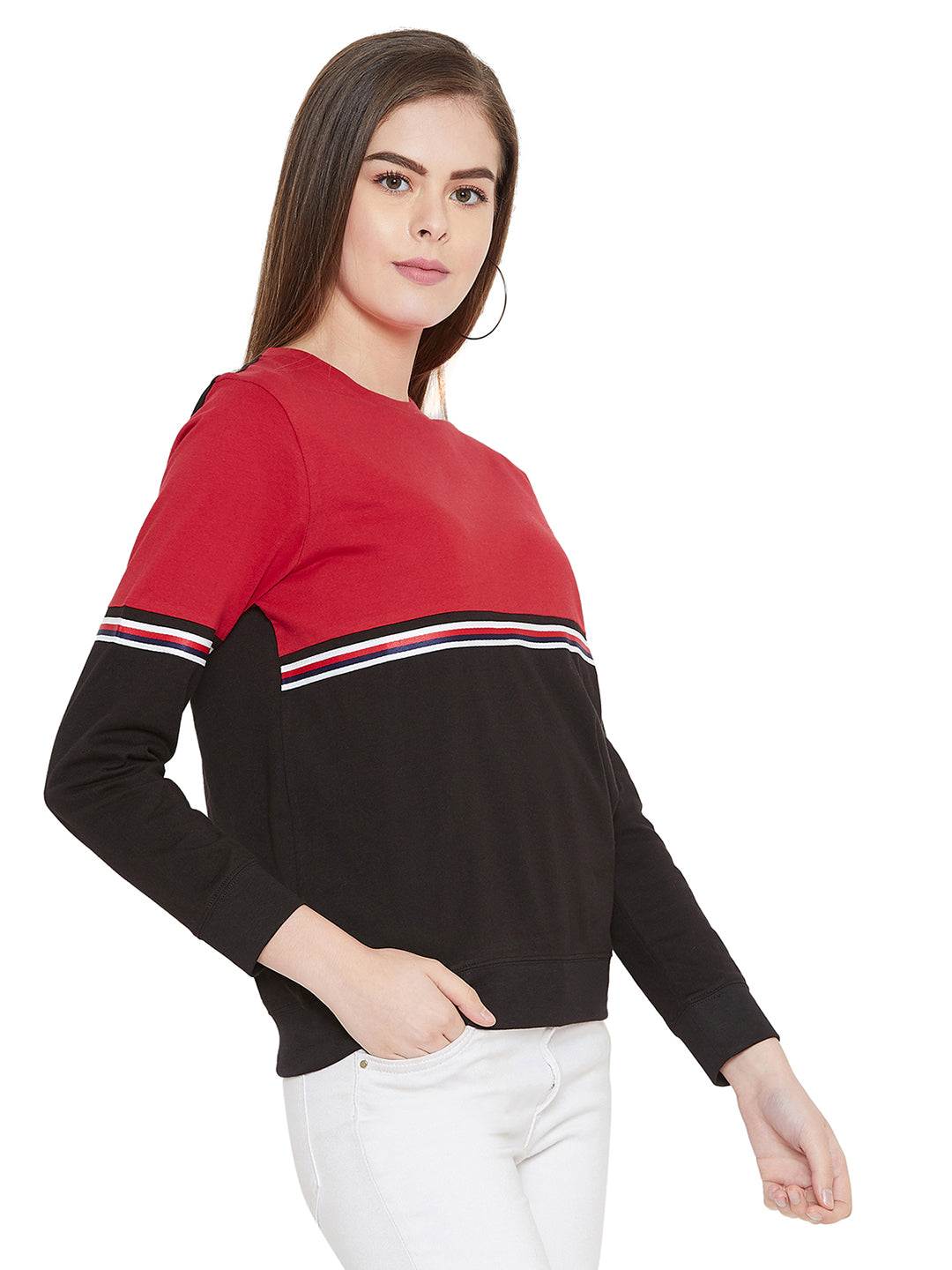 Red/Black Full Sleeves Color Block Taping Full Sleeves T-Shirt
