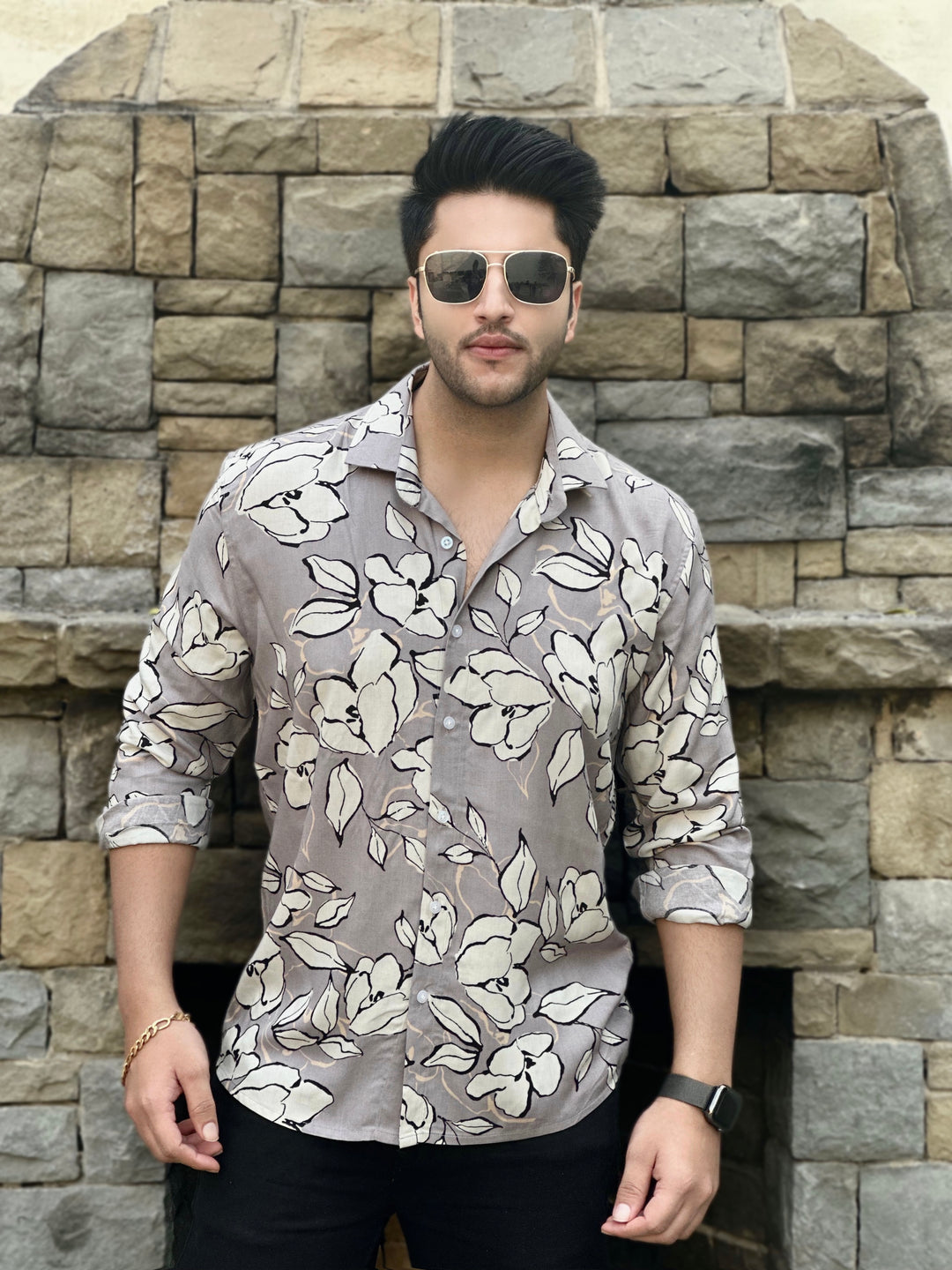 Grey White Floral Rayon Shirt