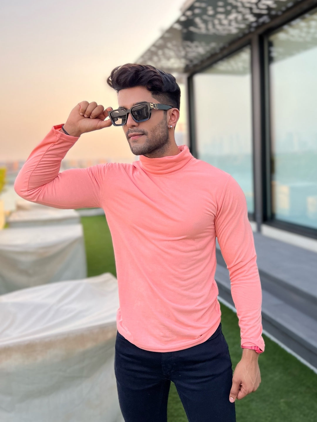 Coral High Neck  Solid T-Shirt