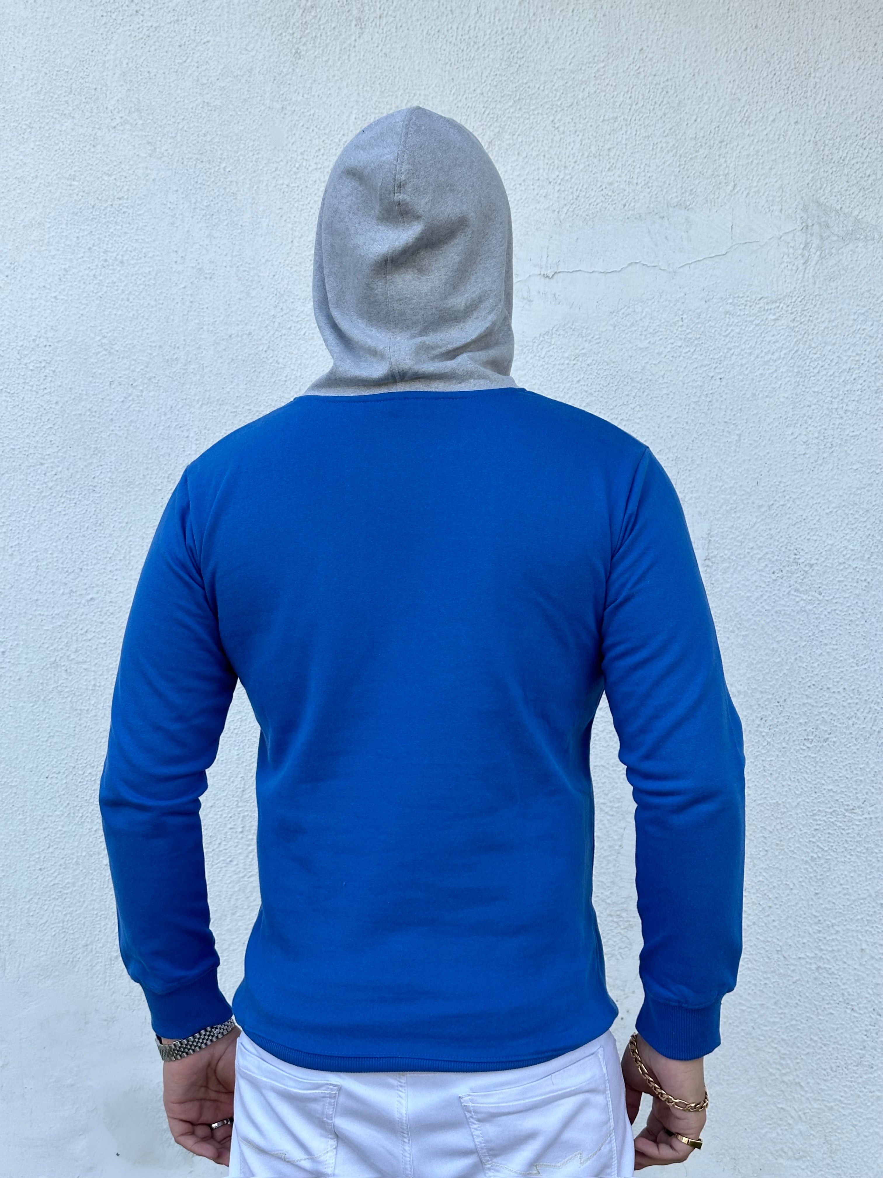 Royal Blue/Grey Melange Full Sleeves Hooded Sweatshirt with Kangaroo Pocket