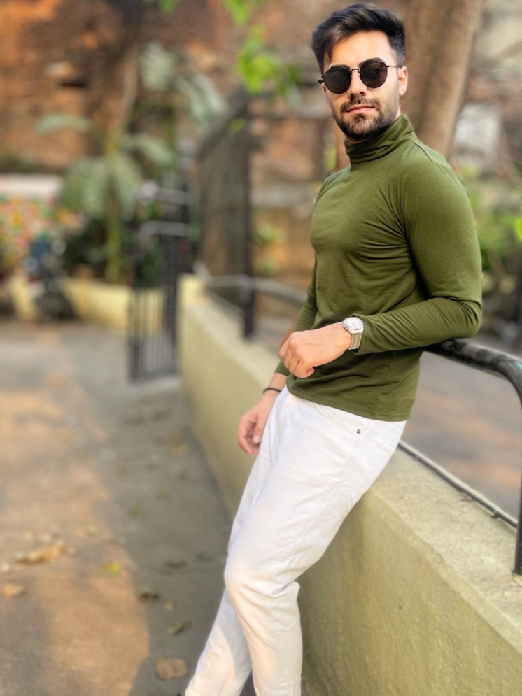 Olive Green High Neck  Solid T-Shirt