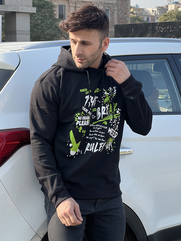 "BREAK THE RULES" Full Sleeve Black  Fleece Hoodie