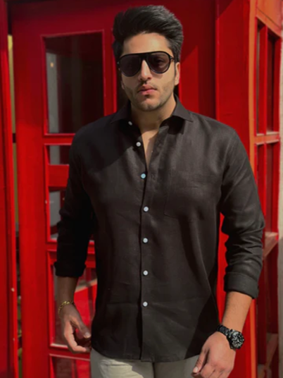 Black Pocket Linen Shirt