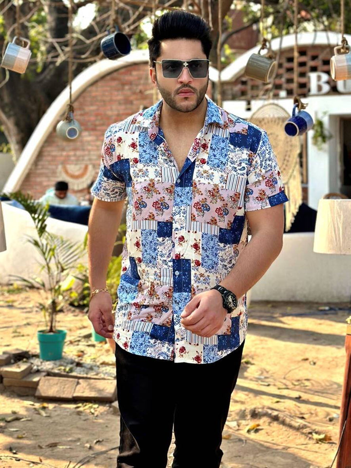 White and Pink Half Sleeve Floral Stripe  Shirt