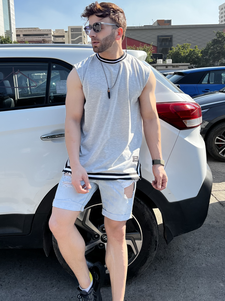 Grey Melange Oversized Tapered Vest