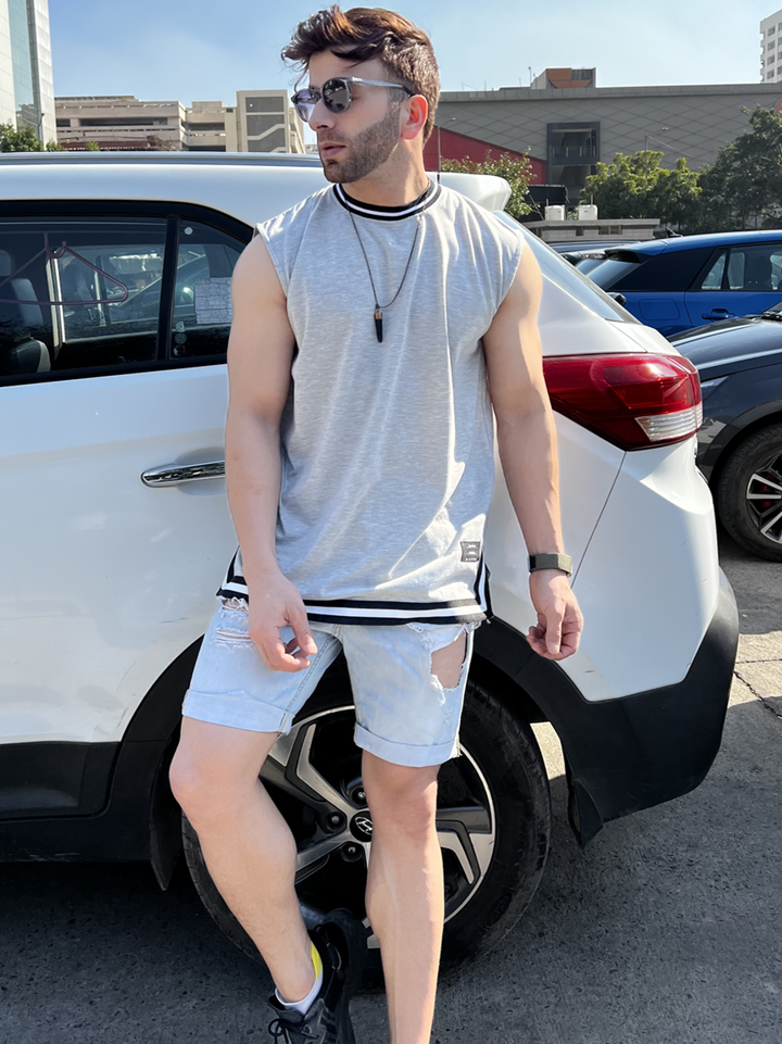 Grey Melange Oversized Tapered Vest