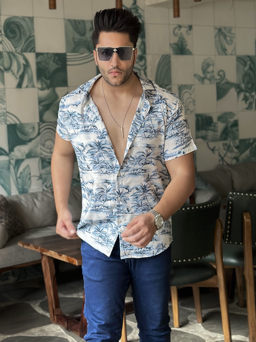White Palm Tree Half Sleeve Rayon Shirt