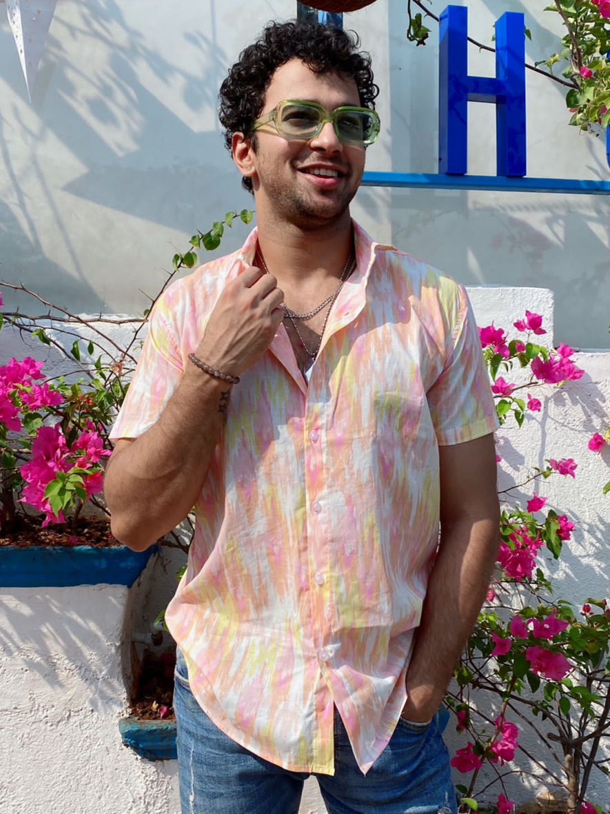Pink Yellow Dyed Half Sleeve Shirt